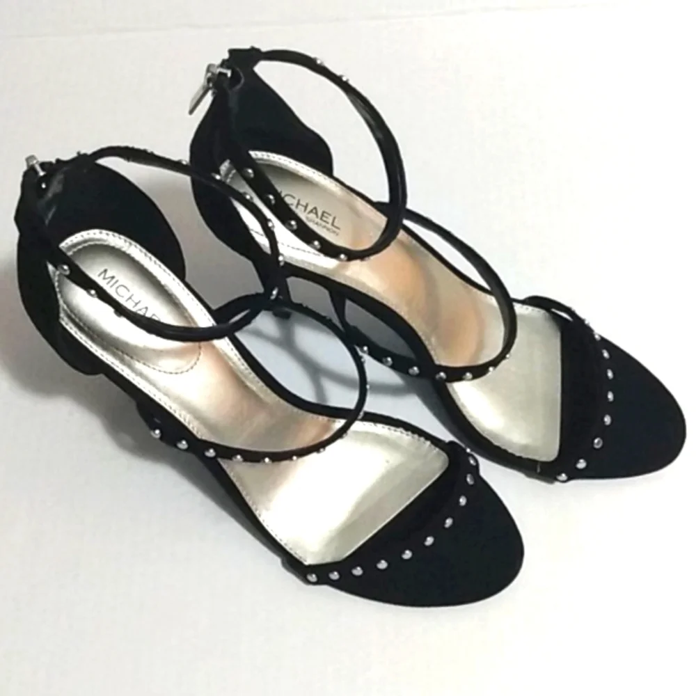 MICHAEL SHANNON BLACK SILVER STUDDED STRAPPY STILETTO SANDALS SIZE 9